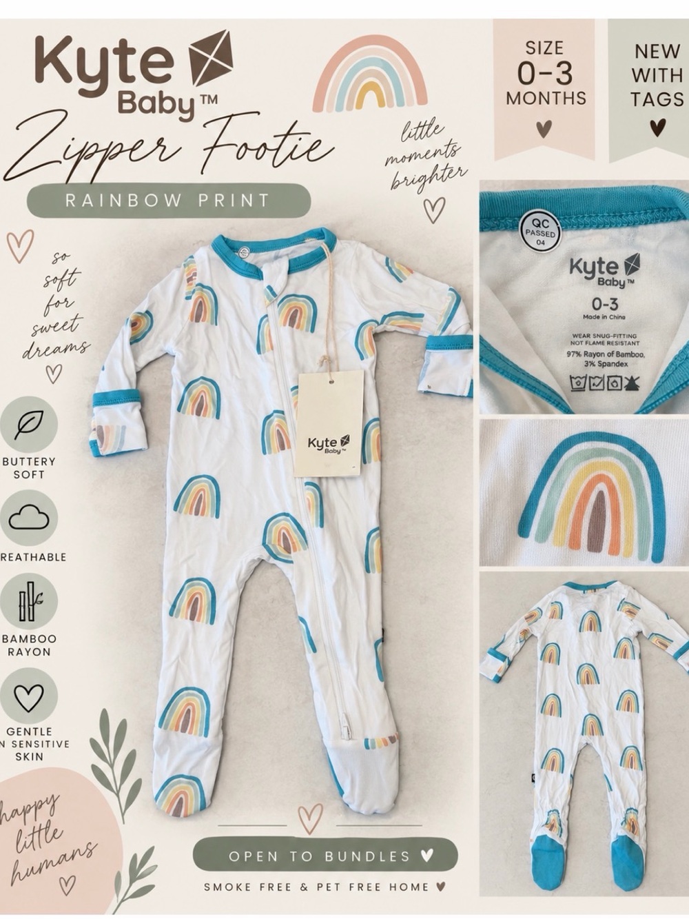 🌈 Kyte Baby Rainbow Zipper Footie – 0–3 Months – NWT